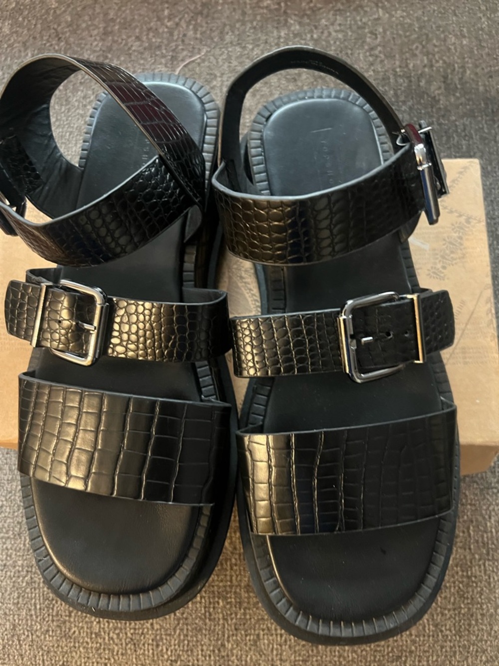Topshop Black Croc-Embossed Buckle Strap Sandals